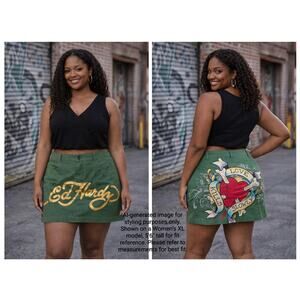 Ed Hardy Olive Green  “Love Kills Slowly” Graphic Mini Skirt NWT Size XL